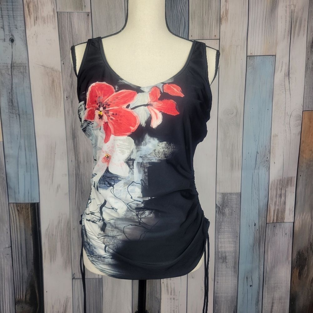 Vintage Christina Black Red Floral Tankini Swim Top Size 12D